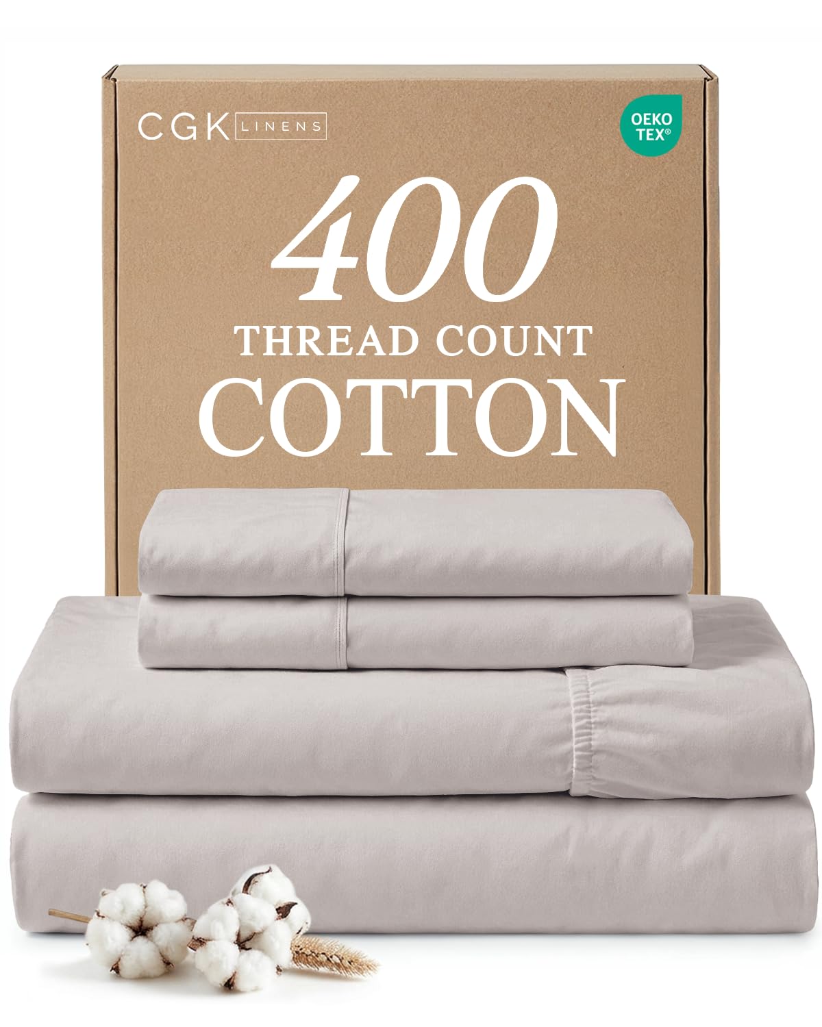 Parure de lit 4 pièces 100 % coton 400 fils au pouce carré, douce, confortable et respirante, 1 drap plat, 1 drap-housse et 2 taies d'oreiller avec poches profondes, gris clair