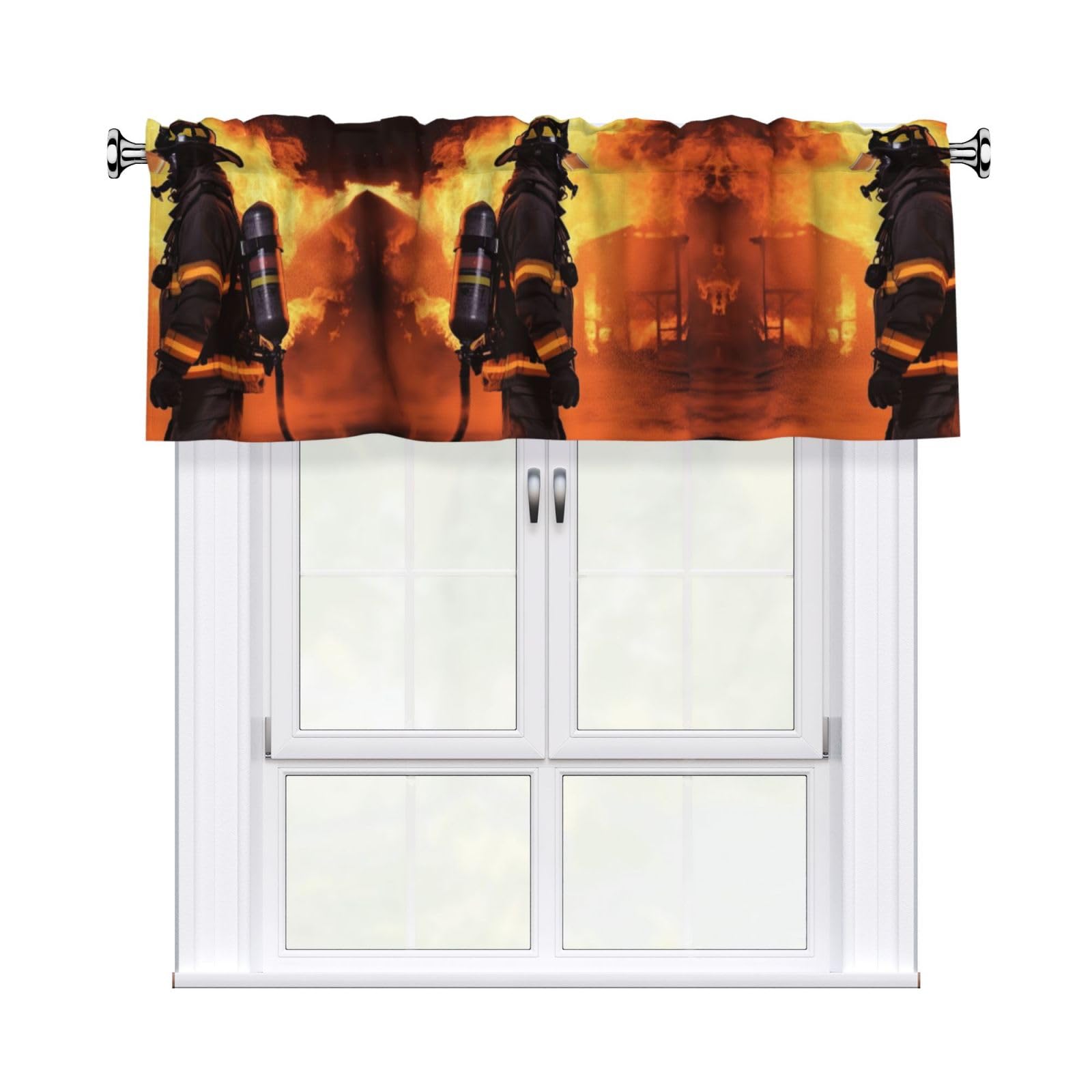 LMNGH Firefighter Fireman Flame Curtain Valance for Windows,Kitchen Window Curtains Blackout Drapes Window Treatments Decorative Rod Pocket Short Curtain for Living Room Bedroom,54" W x 18" L