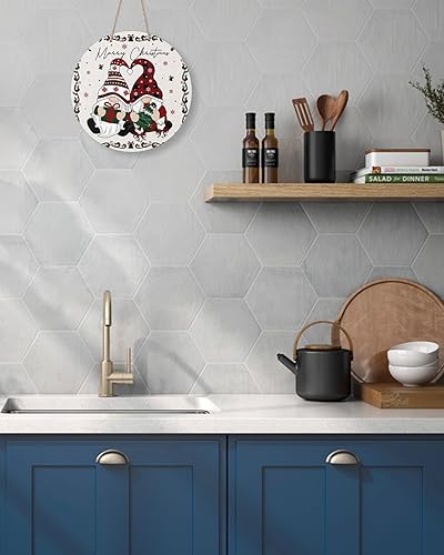 Miniatura 5 de Letrero de bienvenida de temporada para puerta delantera, gnomos, árbol de Navidad, copo de nieve, corona redonda de madera, letrero colgante de