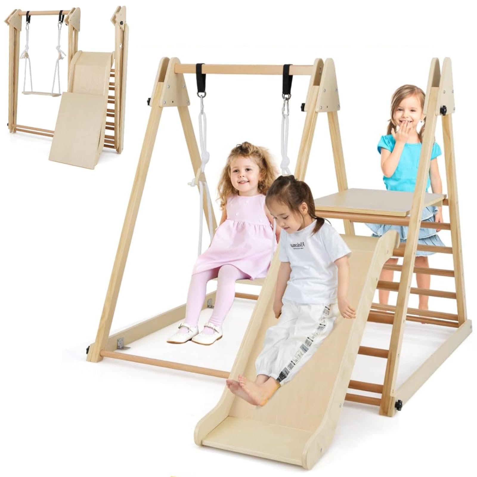 Maxmass 3-in-1 Kids Climbing Frame, Wooden Children Climber Playset with Swing, Slide and Ladder, Garden Toddler Jungle Gym Playground for Indoor Outdoor (Natural) — image 1