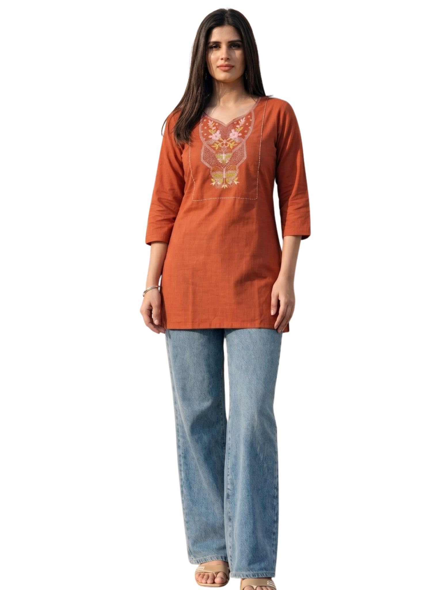 Cotton Embroidered Tunic Top, Short Kurti for Women on Jeans, V-Neck, 3/4 Sleeve, Floral Design-picture-44