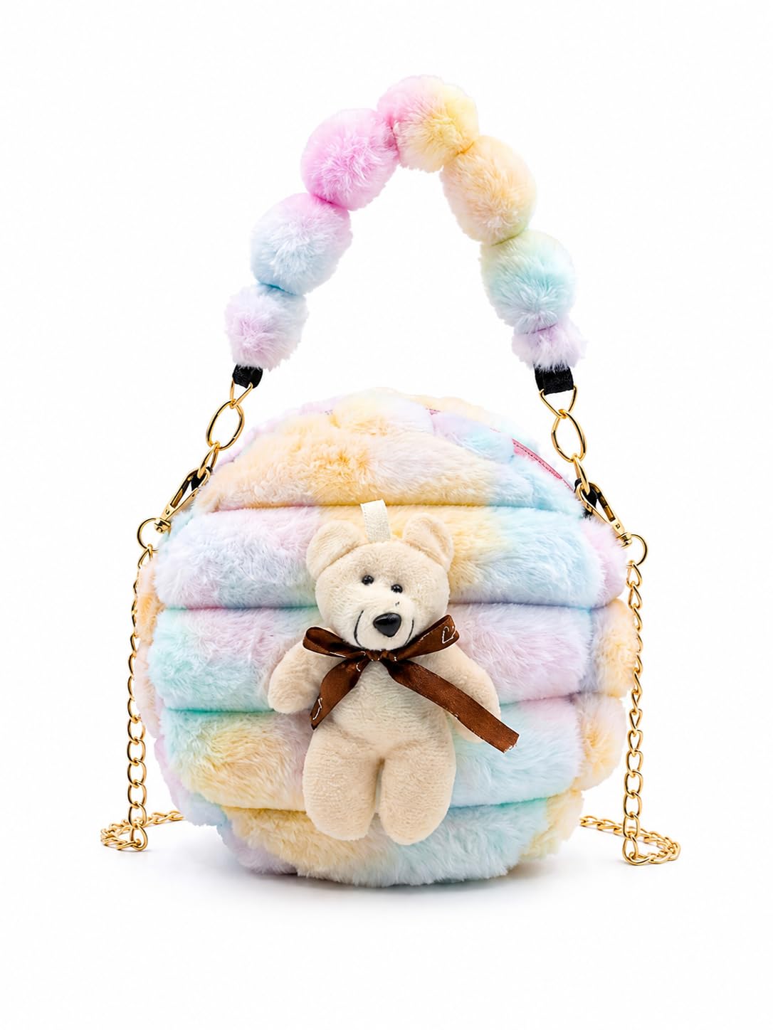 Pastel Rainbow Fluffy Round Handbag for Girls, Plush Butterfly Accent, Multicolour-image-13
