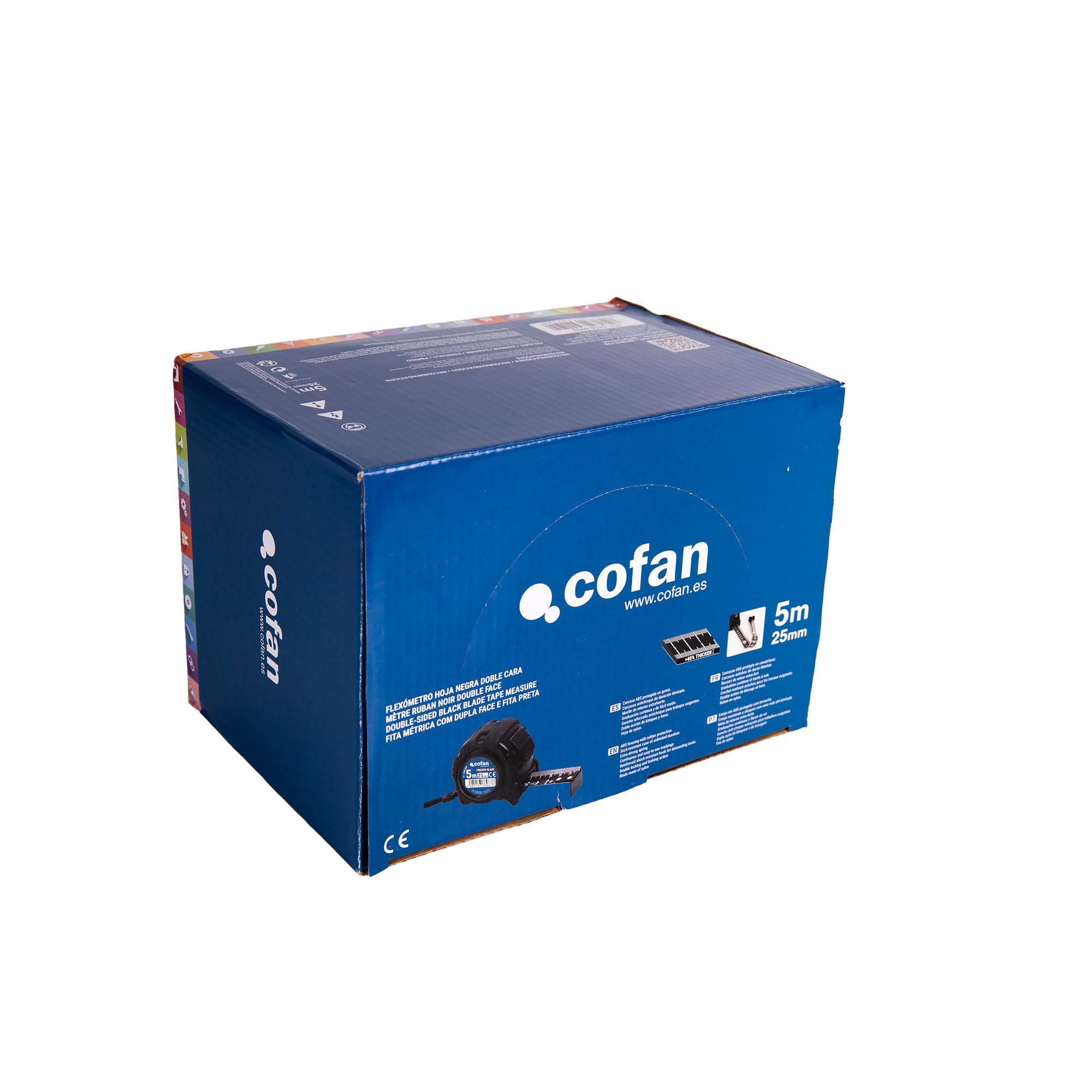 Cofan Espositore per flessometri con foglio di nylon nero e stampa bianca con doppio lato di Cofan | Include 6 flessometri | Misura 5 m o 8 m | Lama 25 mm (6, 5 m x 25 mm)
