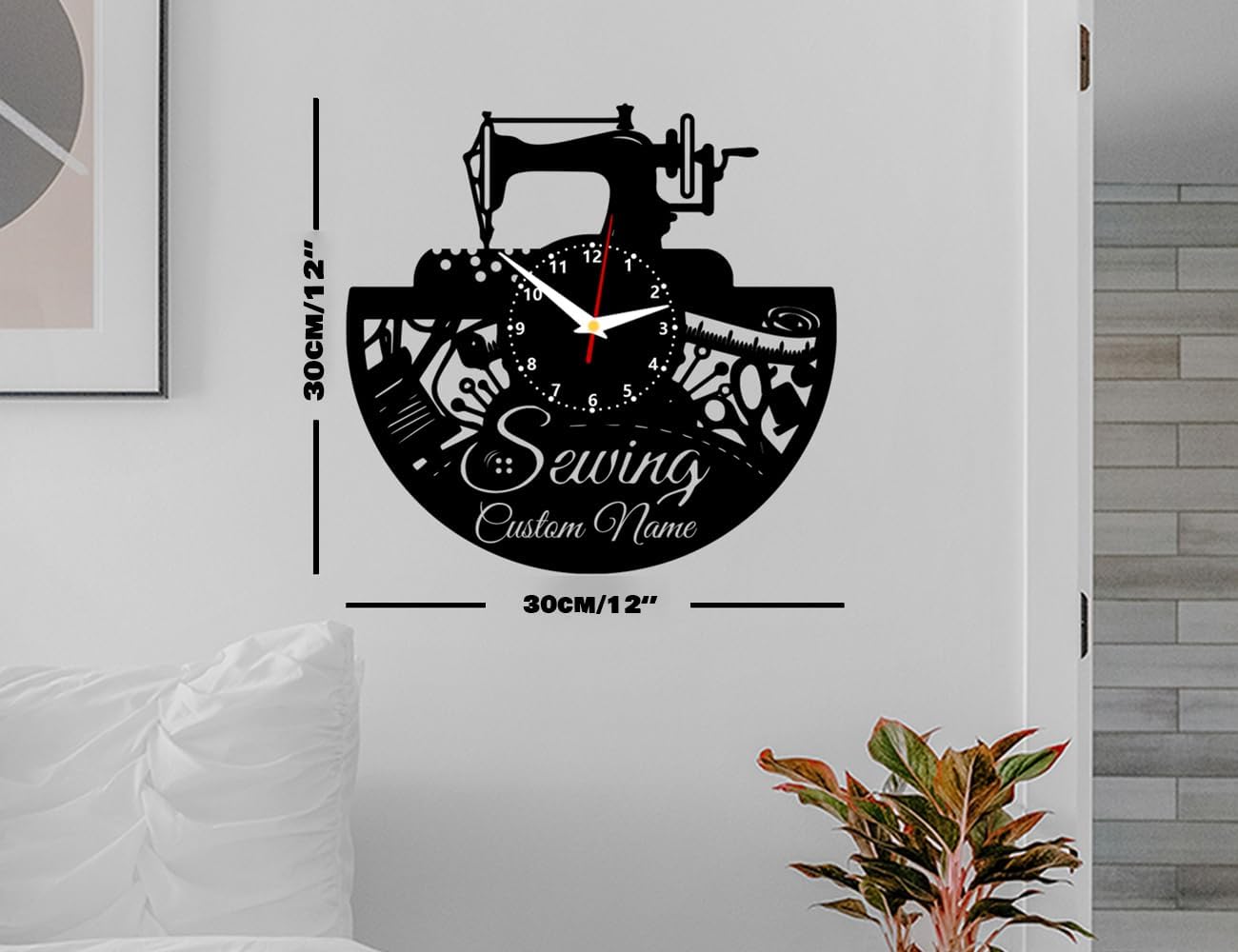 Sewing Machine Themed Wall Clock - Wooden Record Wall Art - Home Office Decoration Gift for Tailor, Needlewomen, Dressmakers