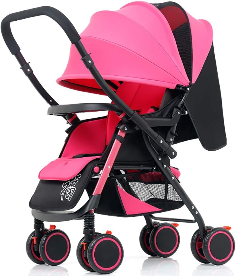 Baby Stroller, Baby Cart Lightweight Foldable 4-Wheel Suspension Reversible Handle Newborn Trolley -by Virtpers (Color : Pink)