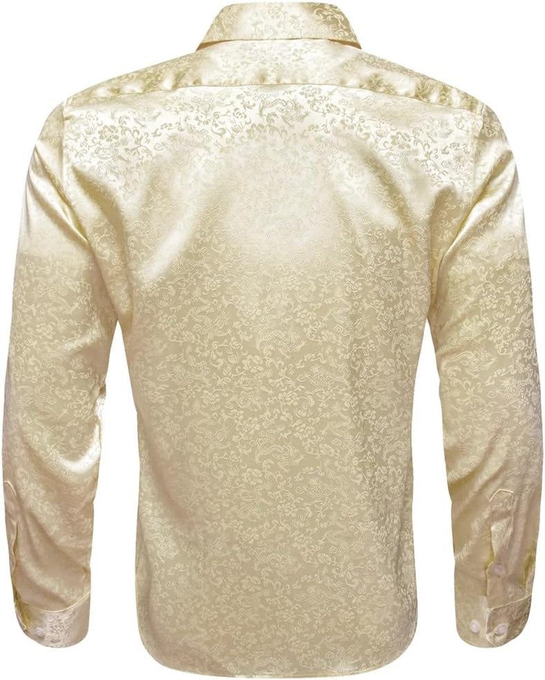 Men Silk Satin Long Sleeve Gold Yellow Flower Male Blouses Casual Lapel Tops Breathable