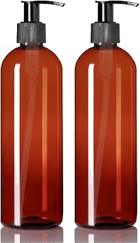 ljdeals 16 oz Amber Plastic Bottles with Pumps, Soap Dispenser, Slim, Tall Squeezable Refillable Containers for Shampoo, Lotion, Cream and More... Pack of 2, BPA Free, Made in USA