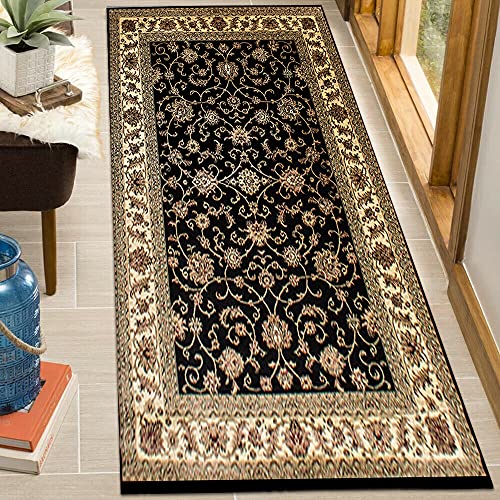 PHP Modern Carpet Runners Rugs Bedroom - Floral Patterned Low Pile Traditional Oriental Rug for Living Room (Black - 0210, 80 x 150 cm (2 ft 6 in x 5 ft))
