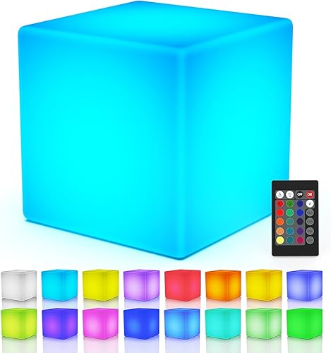 LOFTEK Luces LED de cubo de 12 pulgadas luz cambiante de colores RGB recargable con control remoto, mesa de taburete LED impermeable IP65,