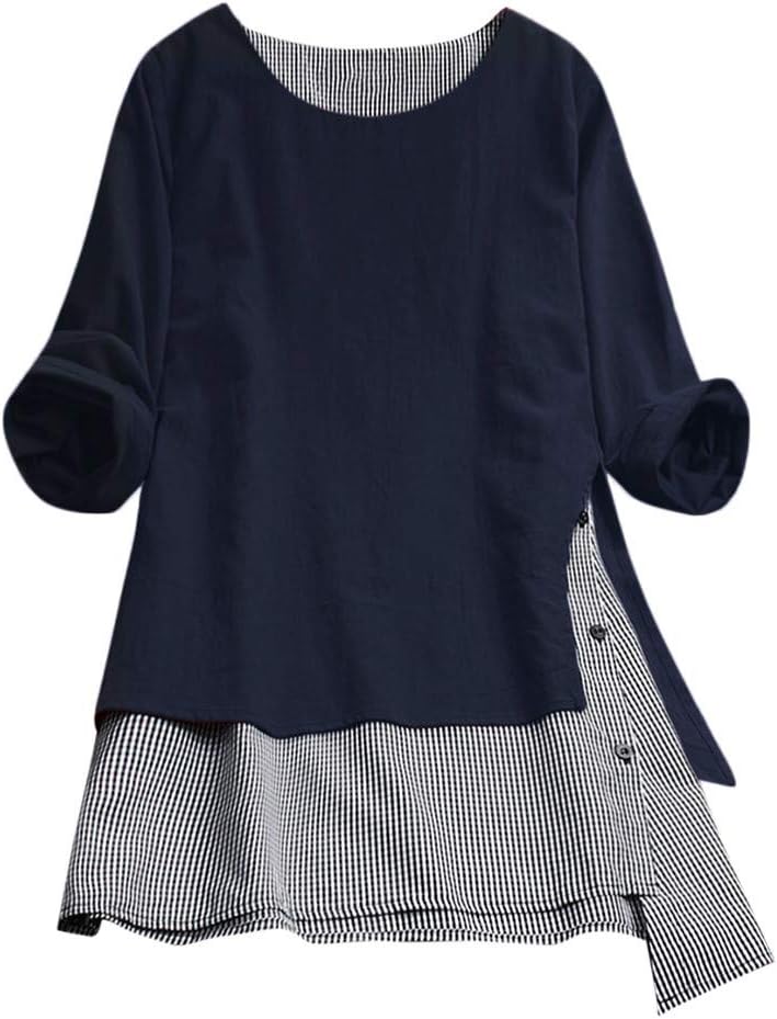 HOMEBABY Plus Size Womens Cotton Linen Long Sleeve Tunic Top Ladies Boho Splice Loose Classic Spring Winter Baggy Blouse Fashion Sweatshirt T-Shirt