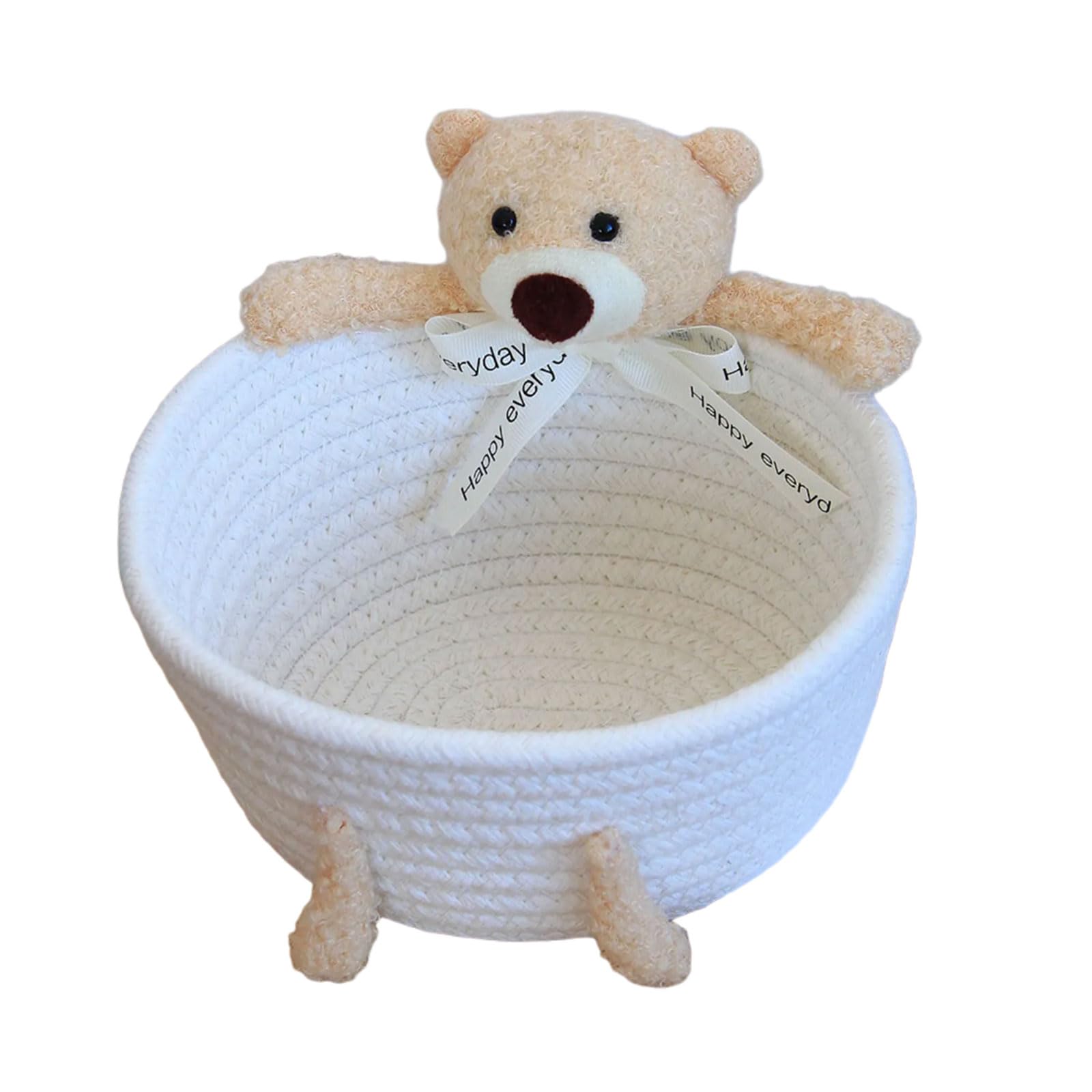 Kalttoy Milk White Bear Functional Handwoven Storage Boxes Artisanal Cotton Rope Storage Boxes Space Saving Organizers For Nursery Or Dorm Blanket Holder Basket