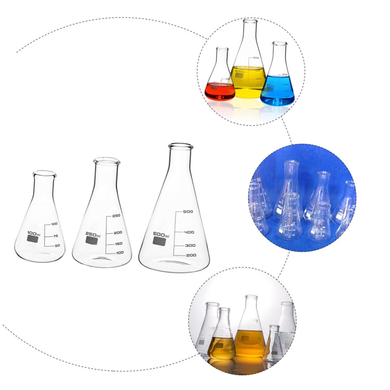 Anneome Juego de 3 Matraces Cónicos de Vidrio Borosilicato Alto | 100 Ml, 250ml y 500ml, Graduaciones Estándar, Fondo Plano para Laboratorio E Investigación