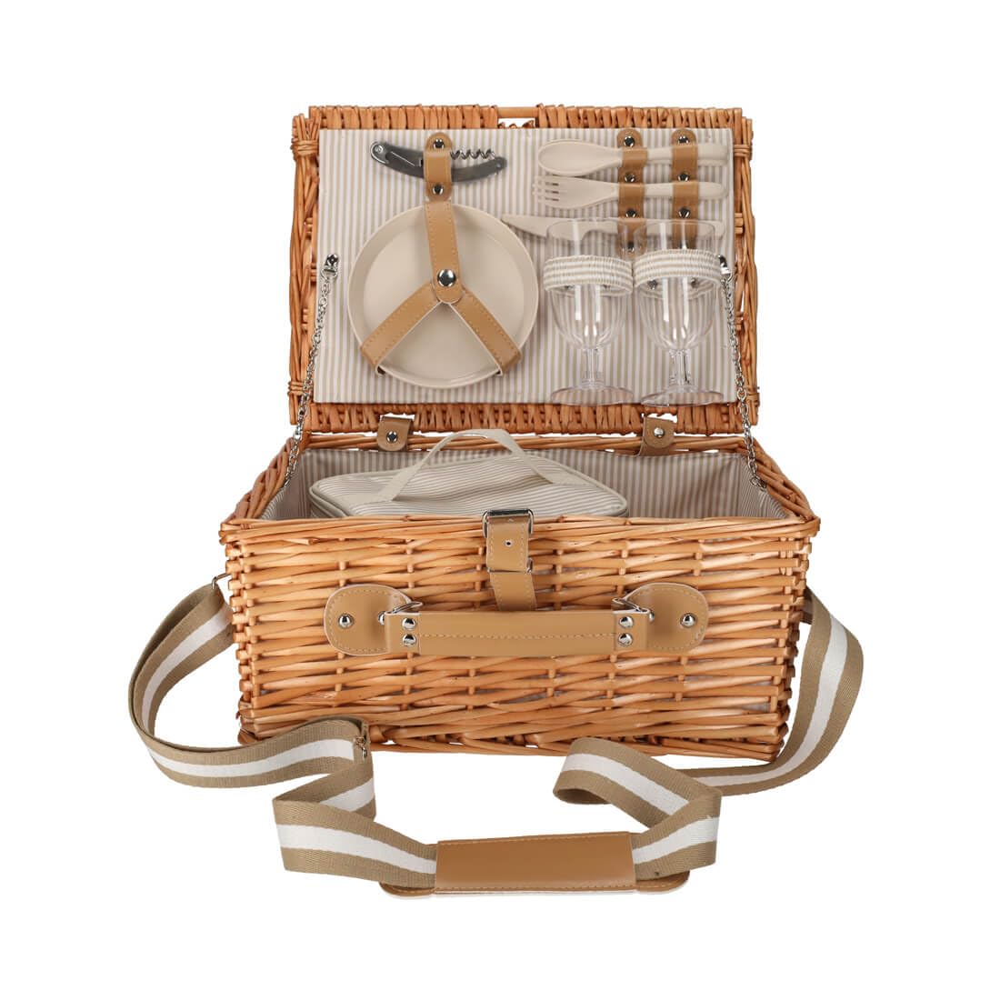 Kit de pique-nique pour 2 personnes | Panier en osier naturel de qualité supérieure avec sac isotherme intégré, couverts en acier inoxydable et vaisselle | Idéal pour le parc et la plage