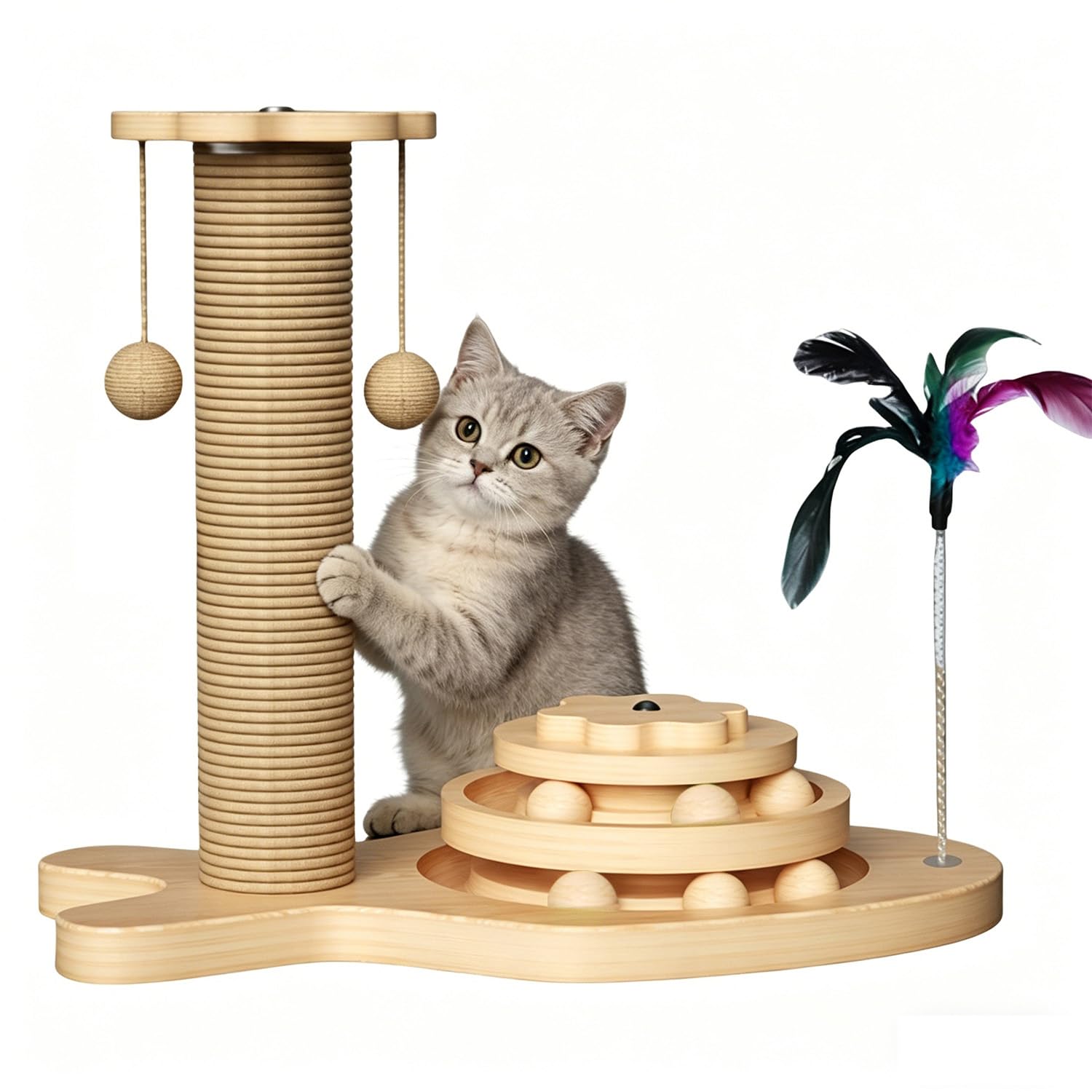 Chiziyixin 4 In 1 Cat Scratching Post with Natural Sisal Rope Ball, Interactive Track Ball Toys, Spring Feather, Multifunctional Kitten Scratch Post for Indoor Cats with Fish Shape Base, 43cm Tall