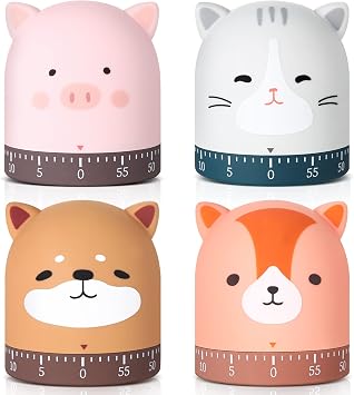 Queekay 4 Pcs Kitchen Cooking Timer Animal Mechanical Timer 60 Minute Wind up Dial 360 Rotating Countdown Egg Reminder No Batteries Loud Ring Cartoon Alarm for Kids Time Management, Fox Pig Cat Dog