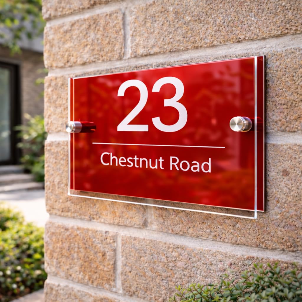 Personalised House Numbers Plaques by Blitz Craft | Glass Effect Acrylic and Red Mirrored Finish | Custom Address Text with Door Numbers for Outside, Weatherproof Design with Fixings (200x130mm)