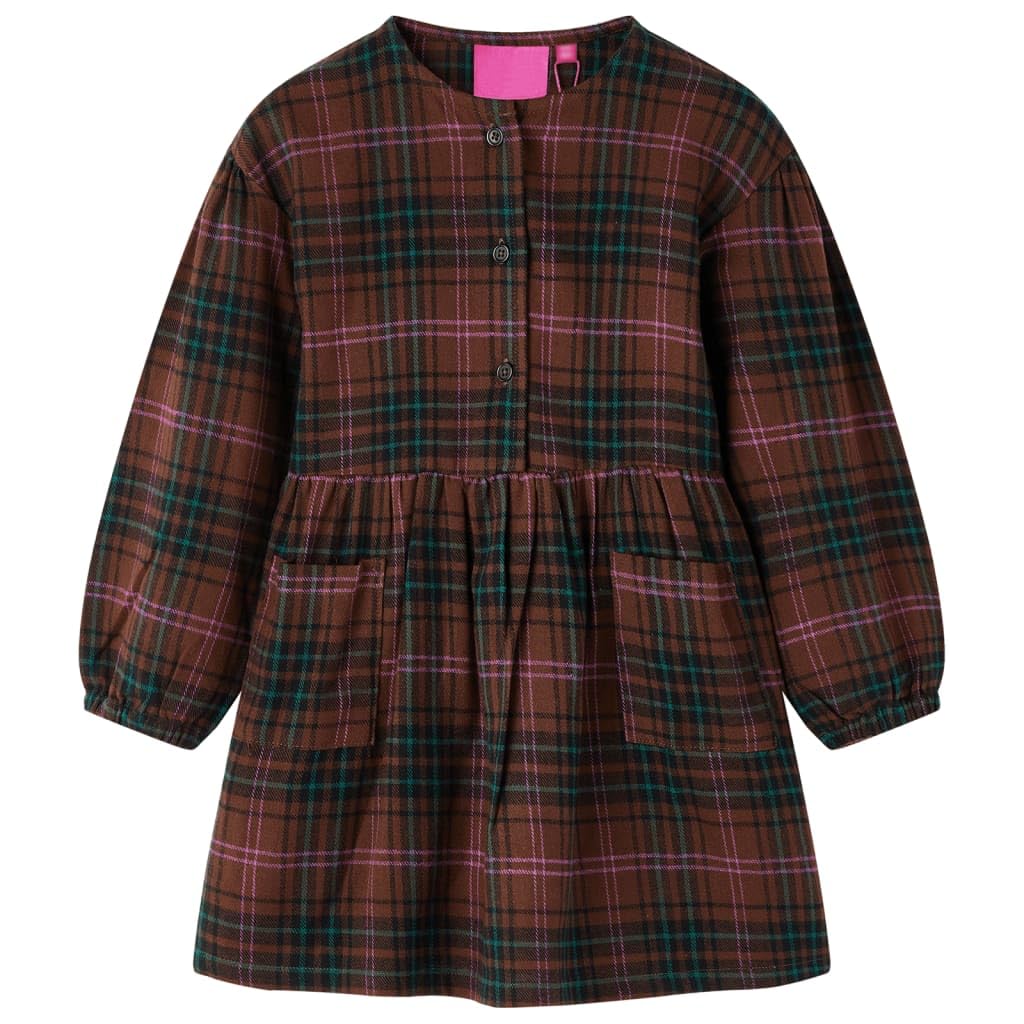 vidaXL Kids' Dress with Long Sleeves Toddler Girls' Dress Plaid Pattern Cognac 128