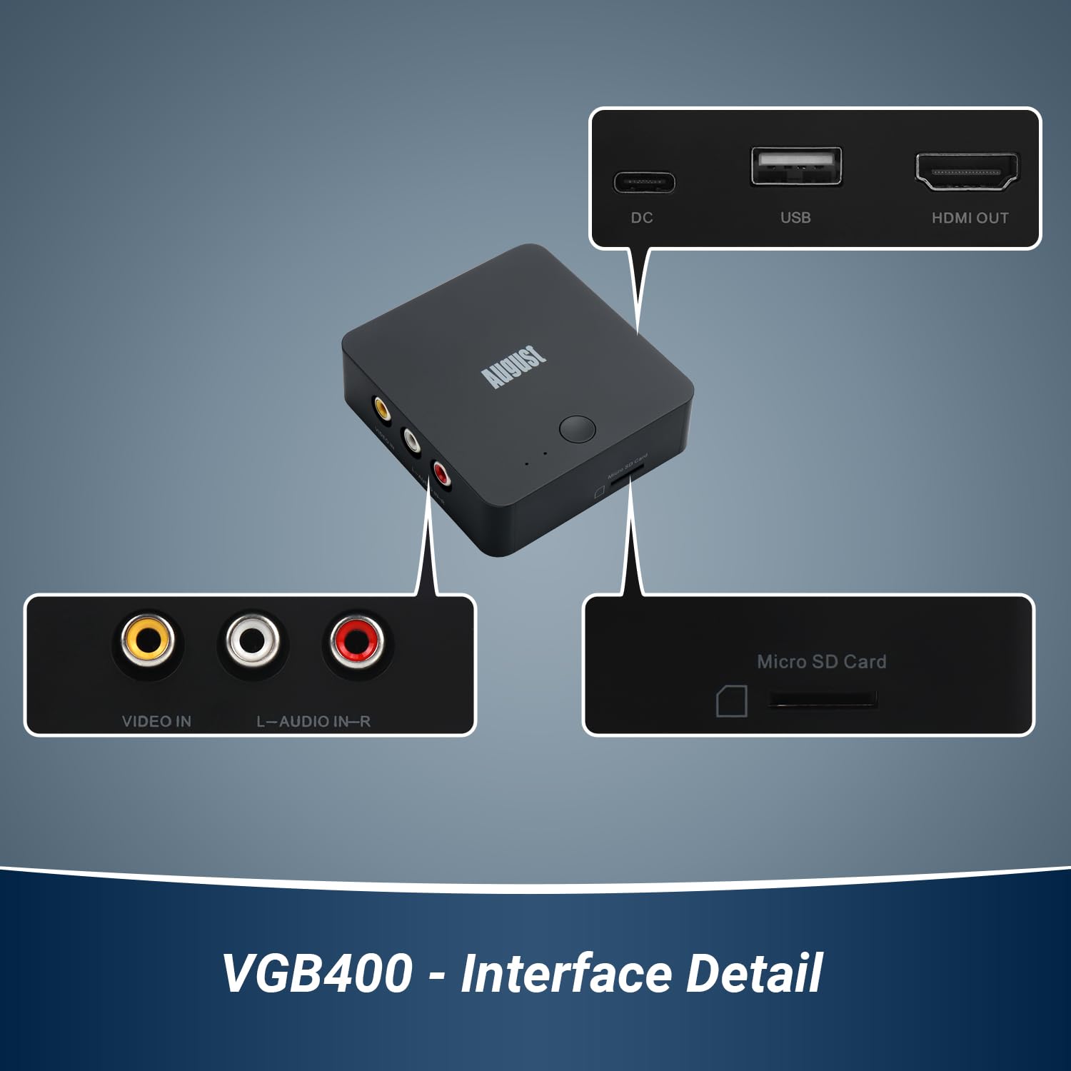 August VGB400 Tarjeta capturadora de vídeo sin PC, Cable RCA para conversión de VHS a Digital, Hi8, Videocámara - Salida a HDMI, grabación en Micro SD o USB Máx. 64 GB - Negro