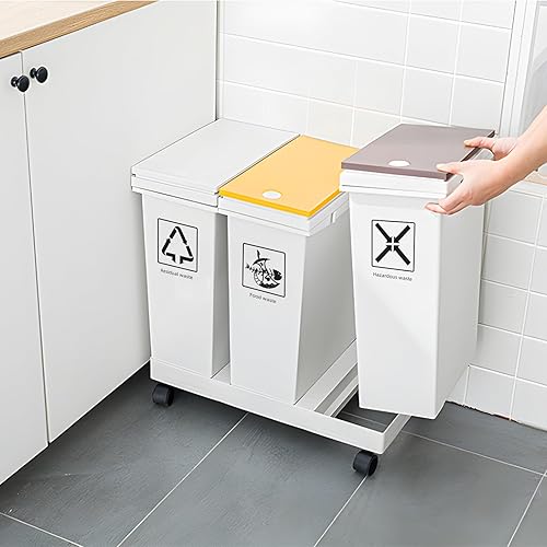 Miniatura 9 de Bote de basura de 20 litros con 3 compartimentos con ruedas, cubos de basura triples y contenedor de reciclaje con tapa, cubo de basura de 16