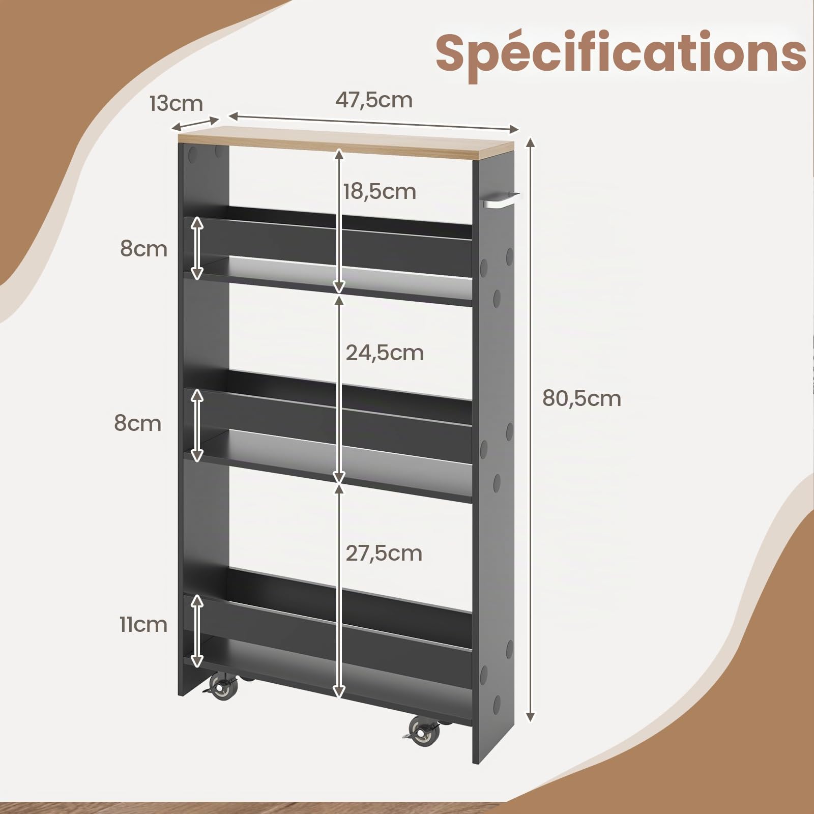FANTASK Chariot de cuisine étroit sur roulettes, étagère de 13 cm de large, chariot de service à 4 étages, chariot de niche avec poignée et balustrade, étagère de salle de bain en bois pour cuisine et