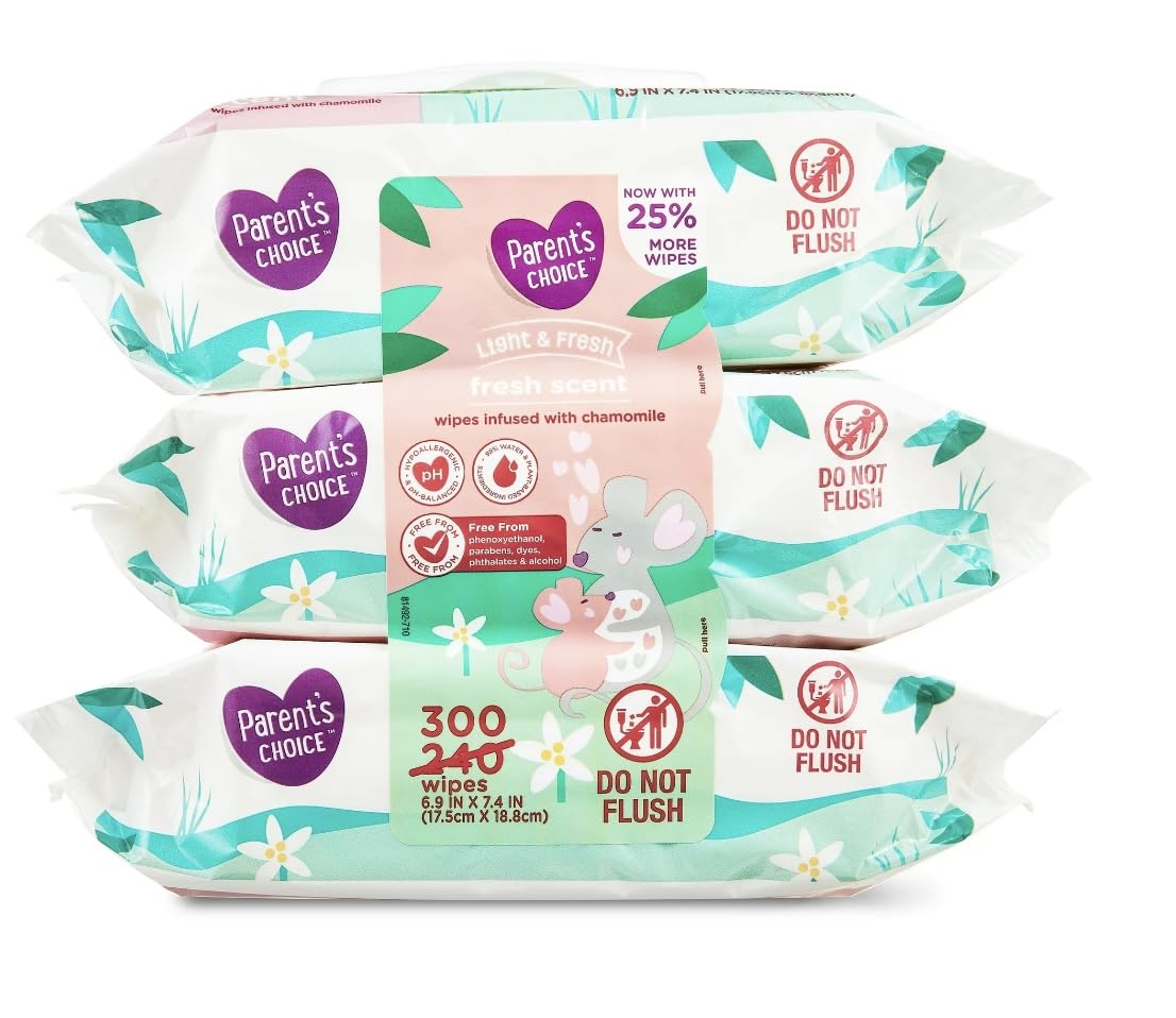 Parent’s Choice Fresh Scent Baby Wipes, 300 Count 12 PACKS pink green white Packaging