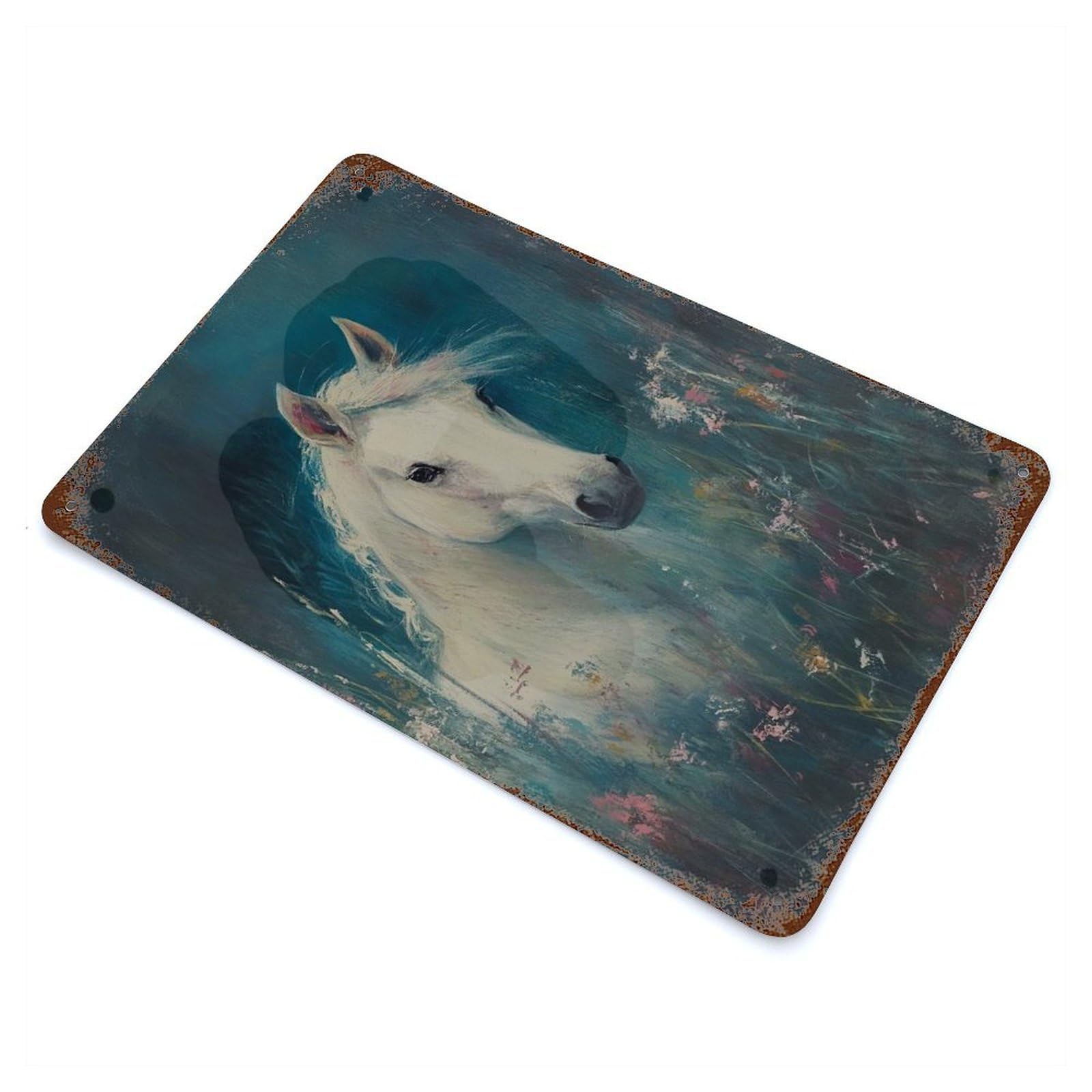 Aged Metal Wall Plaque with White Horse in Meadow Design 11.8"x7.9", for Cafe, Home Bar And Lounge Decor, Novelty Wall Decor