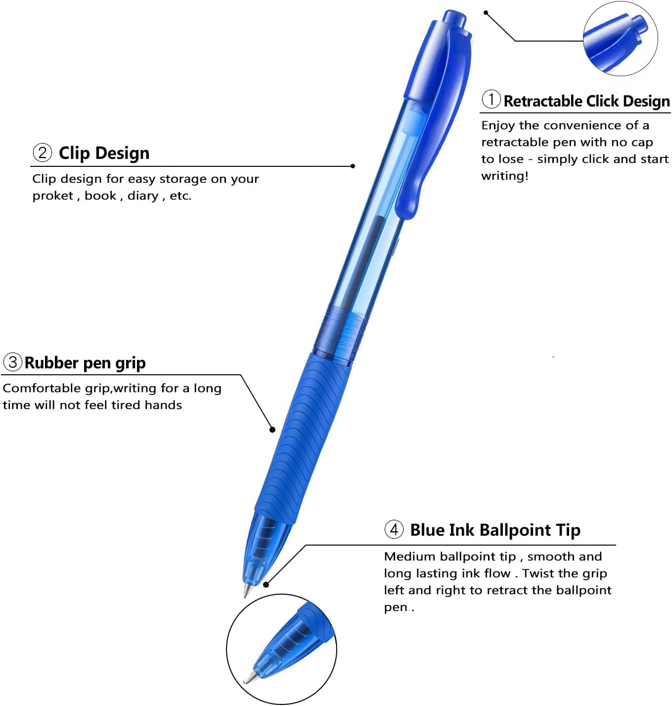 Aozora Pens Bulk 100 Pack Blue Click Pens Retractable Ballpoint Pens Medium Point,Smooth Ink Pen Soft Grip for Journaling School Office Supplies 1.0MM Blue Ink