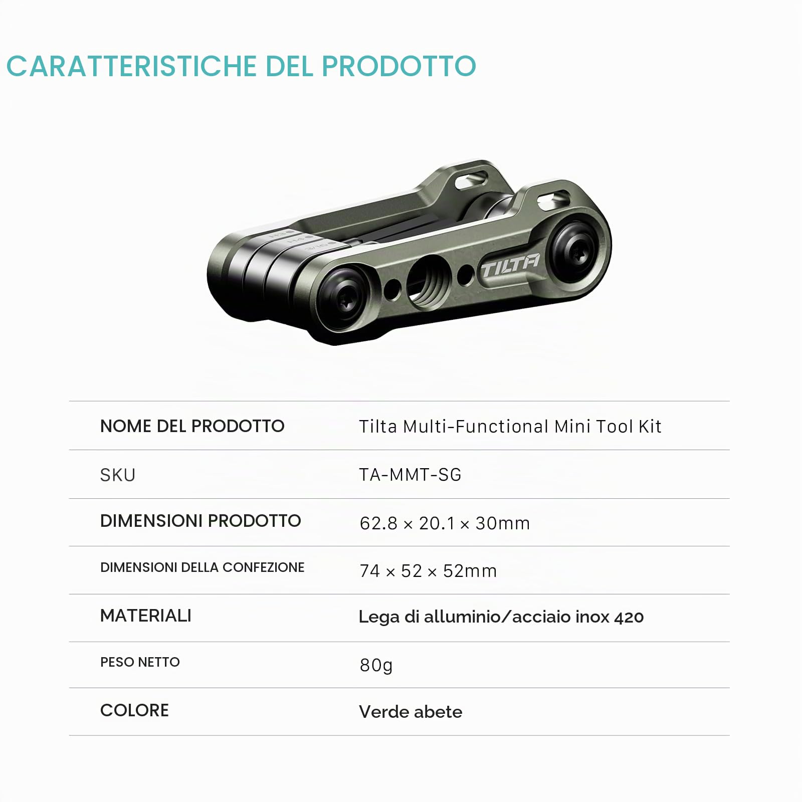 Tilta Kit di mini utensili multifunzionali, set di utensili pieghevoli 6 in 1 con 6 chiavi specifiche, strumento per fotocamera per lo smontaggio di apparecchiature - Verde abete TA-MMT-SG