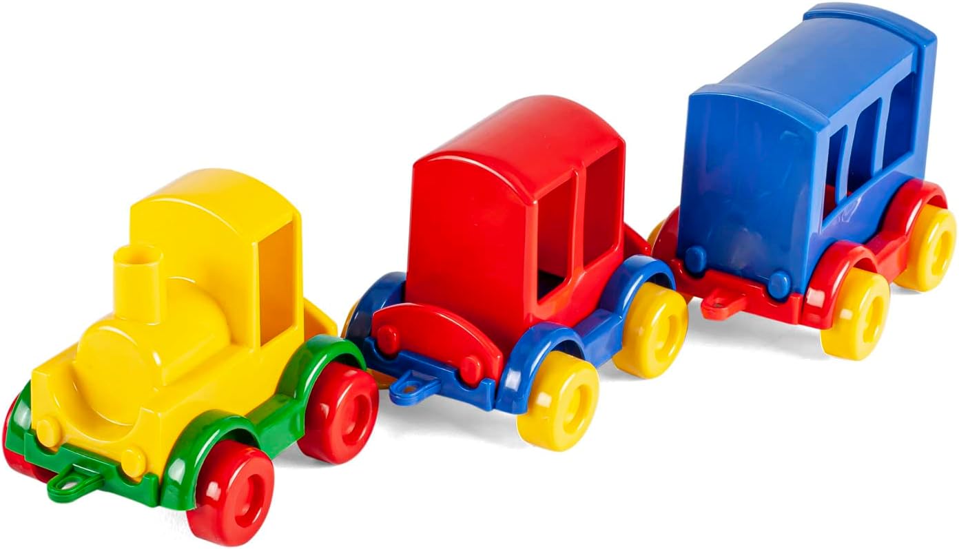 Wader 60022 60022-Kid Cars Playset Train 3 Vehicles with Locomotive and 2 Carriages, Sturdy Steel Axles, Multi-Colour, from 12 Months, Ideal as a Gift for Creative Playing, Colourful