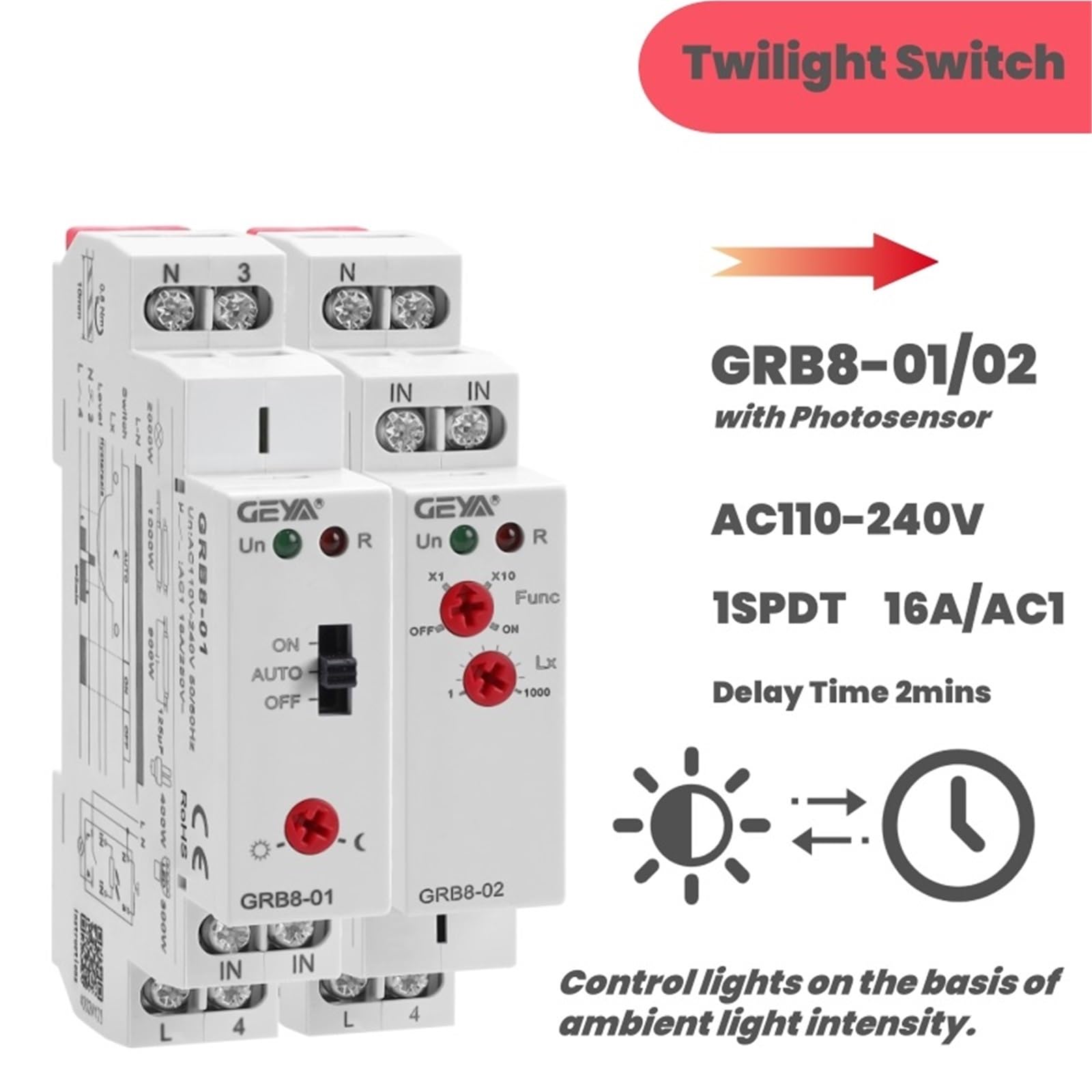 GRB8-01/02 Interruptor crepuscular de riel DIN Temporizador fotoeléctrico Sensor de luz Relé CA 110 V-240 V Automático(GRB8-01 AC110-240V)