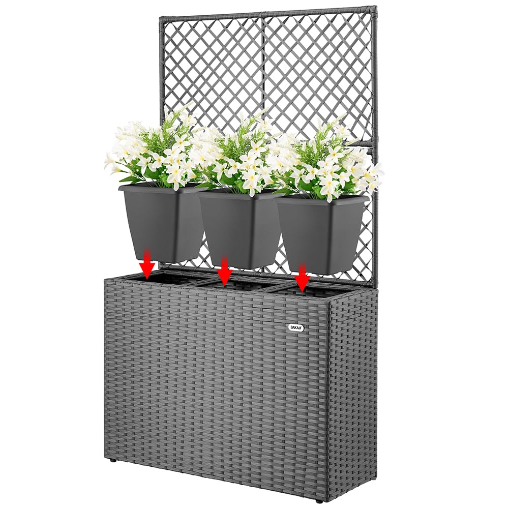 BAKAJI Jardinière à treillis en polyrotin, 3 pots amovibles, conteneurs pour plantes, potager vertical d'extérieur, design résistant aux rayons UV, jardin, balcon, terrasse, plante grimpante (gris)