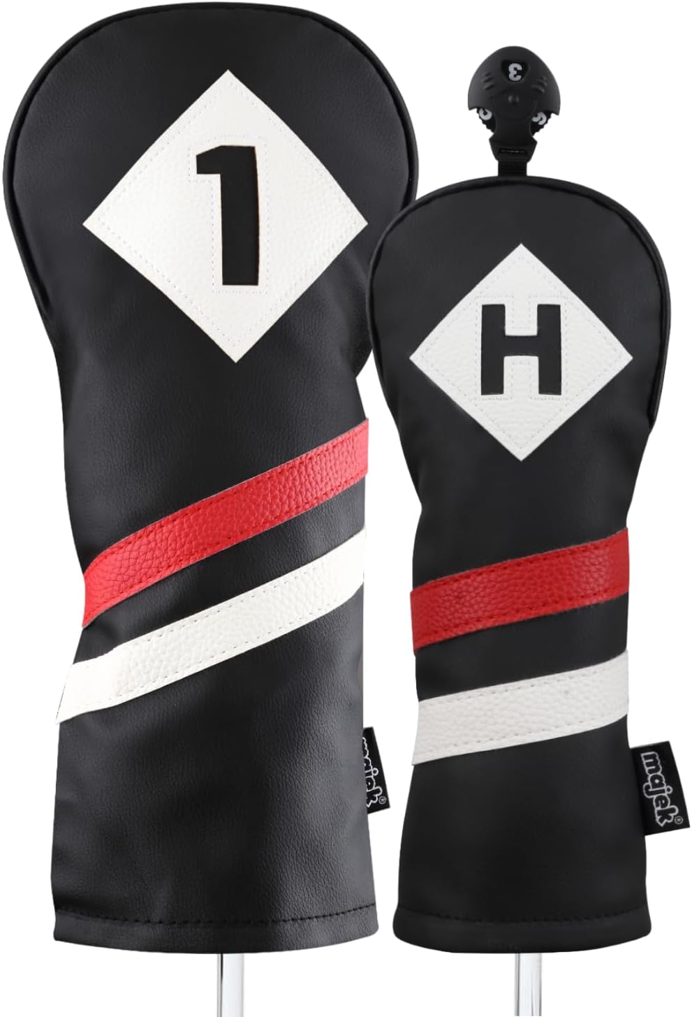 Majek Retro Golf Headcovers Black Red and White Vintage Leather Style 1 H Driver and Hybrid Head Cover Classic Look