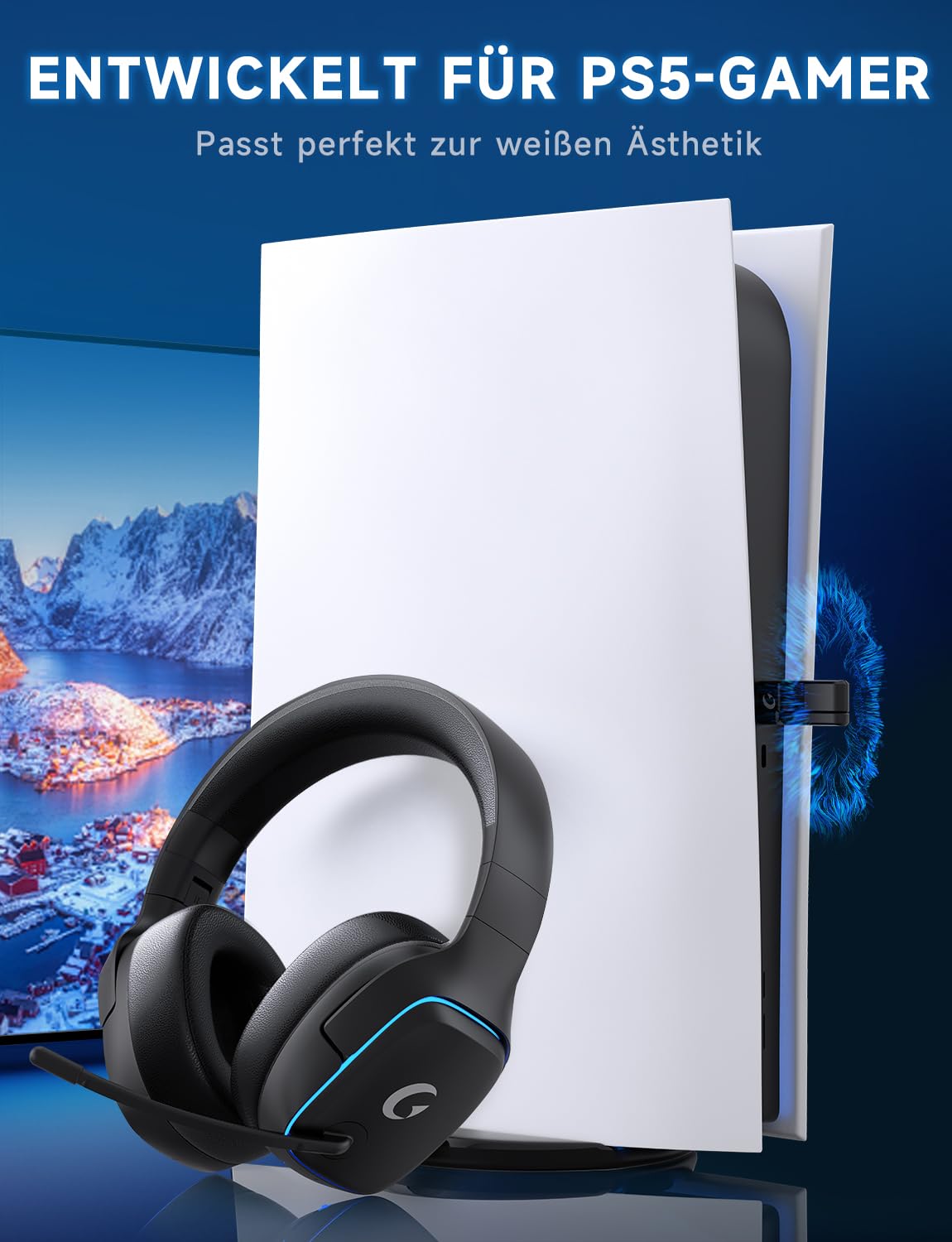 Gvyugke Wireless Gaming Headset für PC, PS5, PS4, Mac, Switch, PS5 Headset Kopfhörer Kabellos Bluetooth 5.3, 2.4GHz Wireless Headset mit Mikrofon, 7.1 Surround Sound, 70 Stunden, RGB Lichter