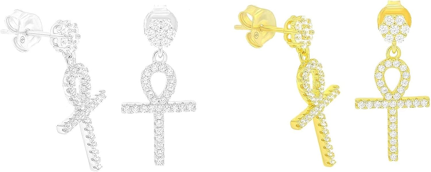 Unisex Solid 925 Sterling Silver Cubic Zirconia Egyptian Ankh Cross Dangle CZ Stud Earrings Cross Drop Hanging Stud Earrings (Silver Tone, Gold Tone)