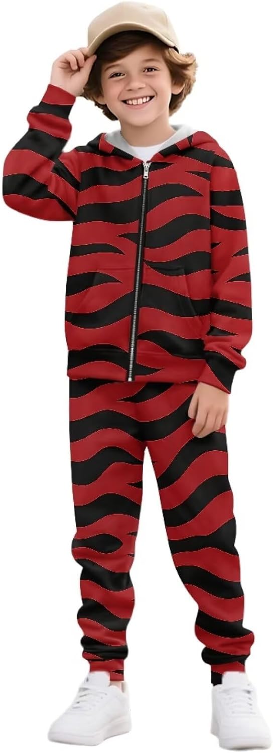 Boys Tiger Striped 2 Piece Long Sleeve Hooded Sweatshirt Jogger Pants Set Fall Winter Tracksuit for Kids 6-15Y