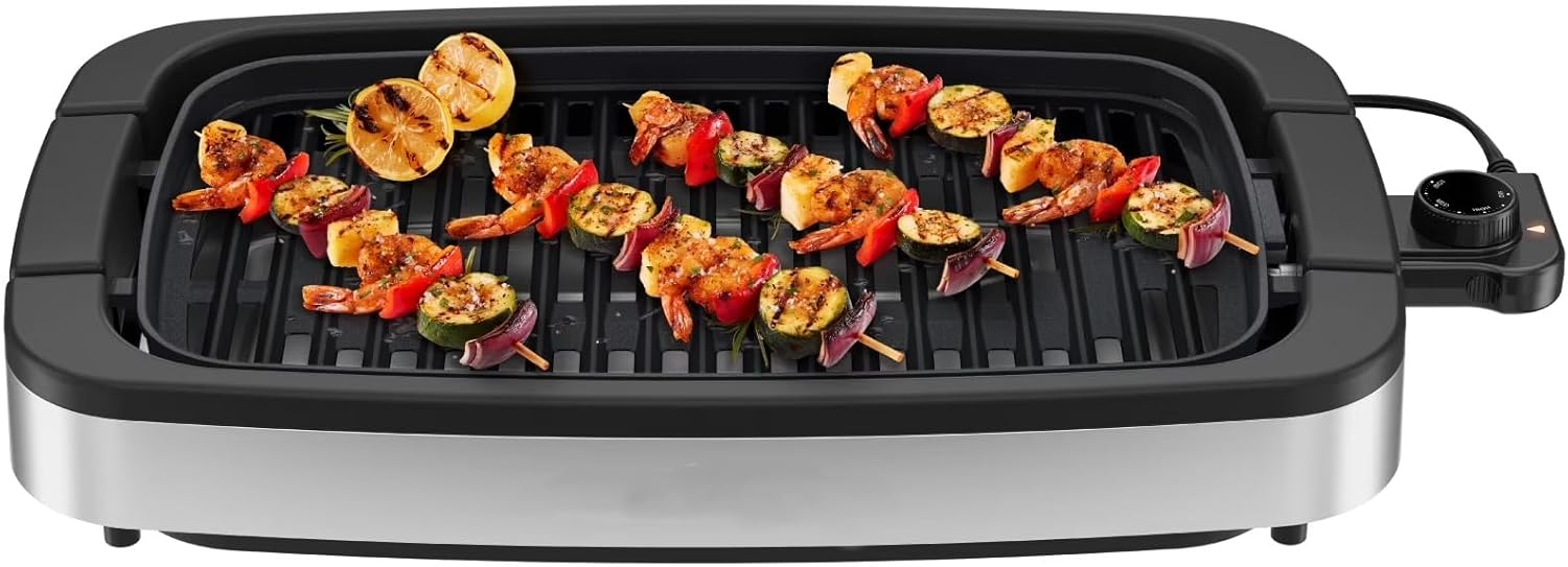 6-Person Electric Indoor Grill - Smokeless Stainless Steel Grill with Temperature Control for Family Meals & Gatherings