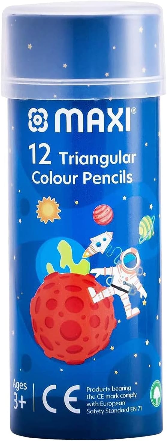 MAXI TRIANGULAR COLOUR PENCILS 12 COLOUR HALF-SIZE IN A ROUND METAL TIN