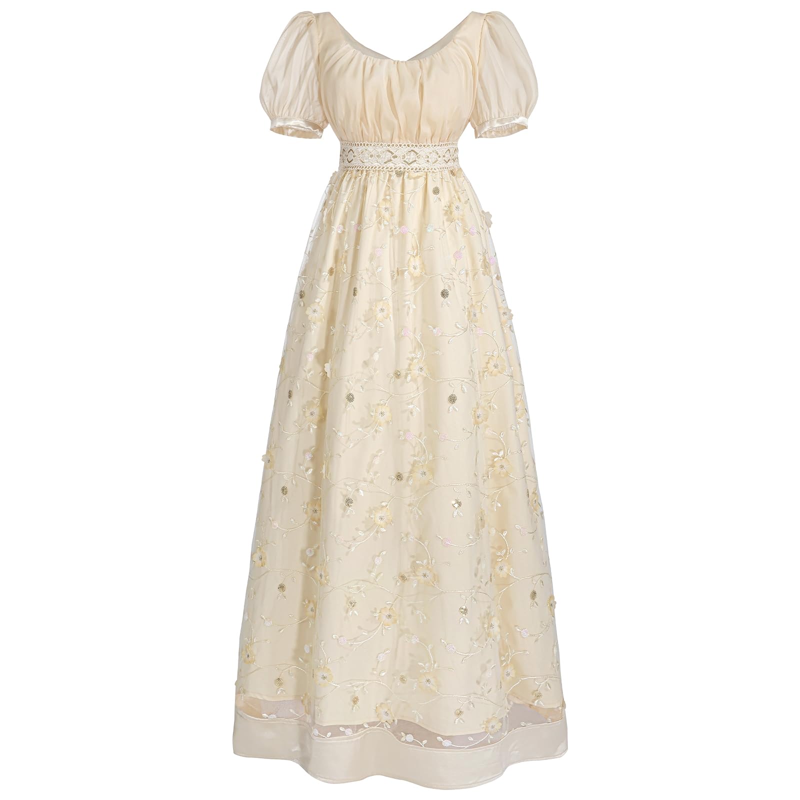 CR ROLECOS Regency Dress for Women Regency Costume Empire Waist Tea Party Victorian Gown Champagne Gold M - Image 3