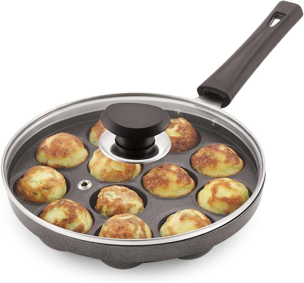 Magnus Heavy Base Non-Stick Appam Pan with Lid - 12 Cavities, 20cm, Black | A...