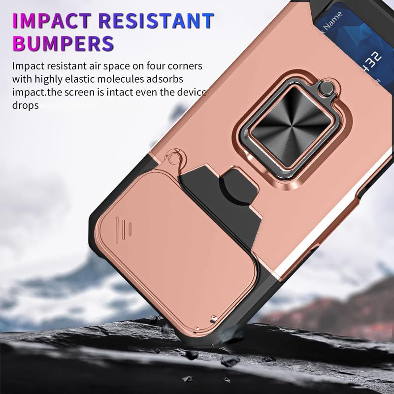Image of LuxuryKase Shockproof Armor Case for iPhone 17 Pro Max | Slide Camera Cover | Hidden Card Slot | Rotating Ring Kickstand | Magnetic Car Mount Support | Military Grade Protection - Rose Gold