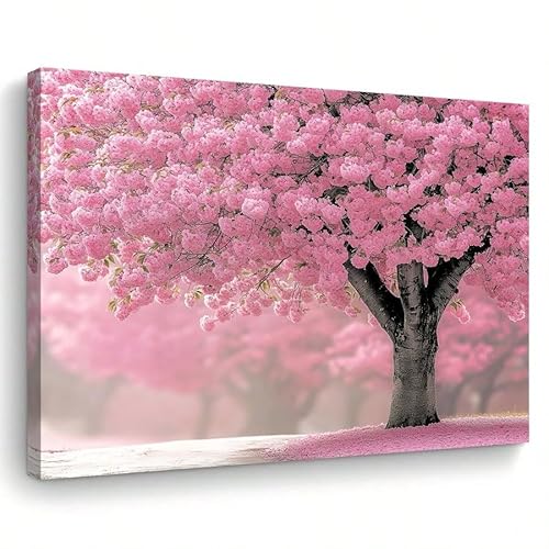 AIHNBF Pink Cherry Blossom Tree Canvas Wall Art, Serene Floral Landscape Print for Living Room Bedroom Decor, Spring Nature Botanical Picture