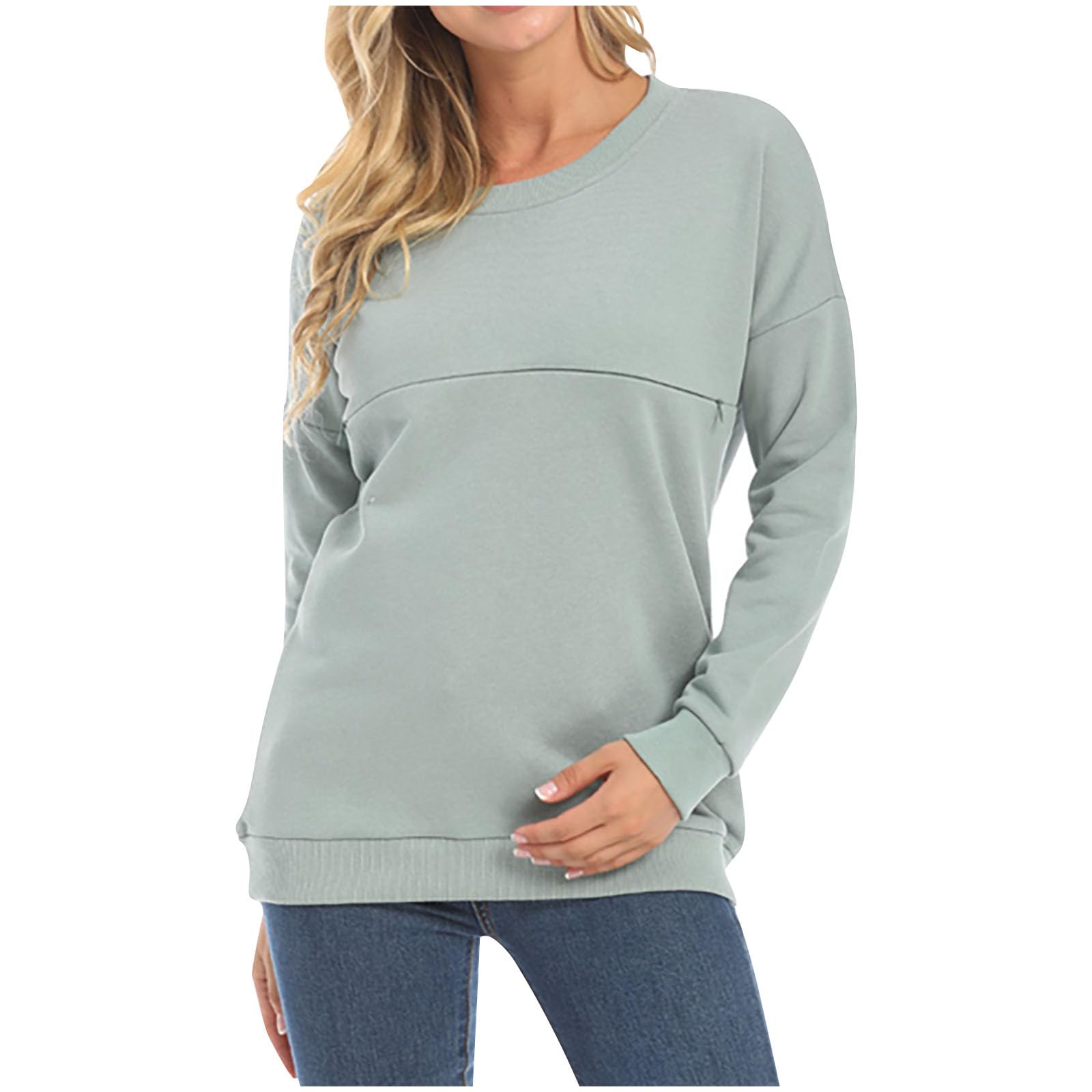 Ropa de Maternidad,Camisetas de Maternidad de Manga Larga Camiseta de Lactancia Sudaderas de Lactancia con Cuello Redondo Ropa de Embarazo Sólida Jersey para El Embarazo para Primavera y Otoño