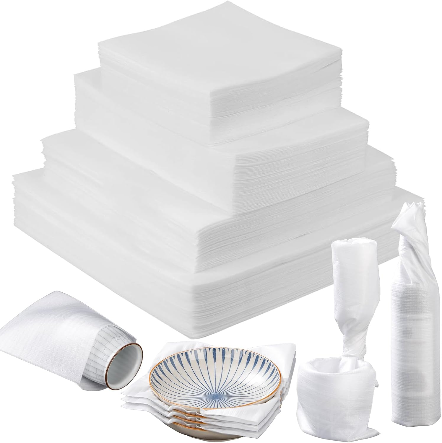 200PCS Dish Packing Supplies for Moving, 4 Sizes (16"x12", 12"x12", 12"x7.8", 7.8"x7.8") Cushion Foam Pouches for Moving, Shipping and Storage, Moving Supplies for Fragile Items, Packing Material Kit
