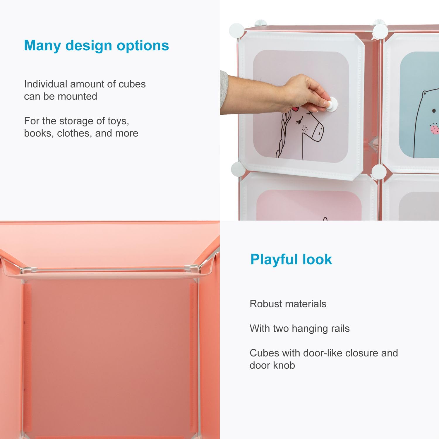 INTIRILIFE Kleiderschrank DIY Steckregal mit 12 Türen für Kinder in Pink - Aufbewahrungsschrank Regal Würfel mit 2 Kleiderstangen individuell aufbaubar