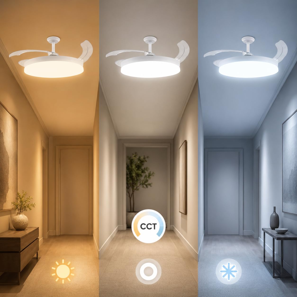 M mimotec- Ventilador de Techo White Guadix Retráctil con Luz LED CCT 36W Ø107 cm, Motor DC Silencioso 30W, Mando a Distancia, 6 Velocidades, Aspas Plegables, Temporizador y Función Verano/Invierno | CCT 36W, Ø107 cm, Motor DC Silencioso 30W, 6 Velocidade