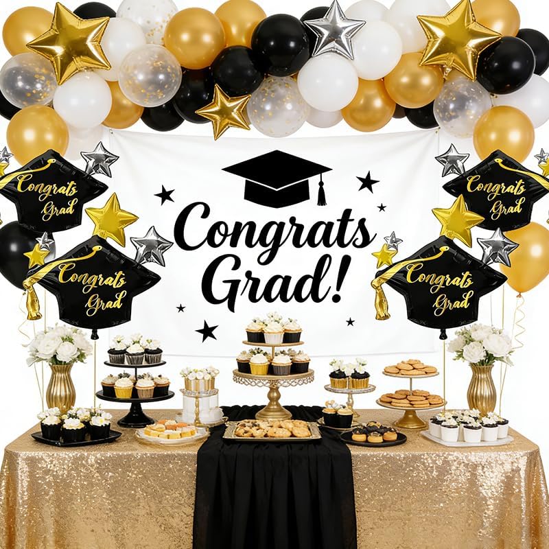4 Graduation Cap Balloons Set, Grad Cap Star Balloons Graduation Decorations for Party, Grad Balloons for Congrats Decor（Black, gold and silver） thumbnail