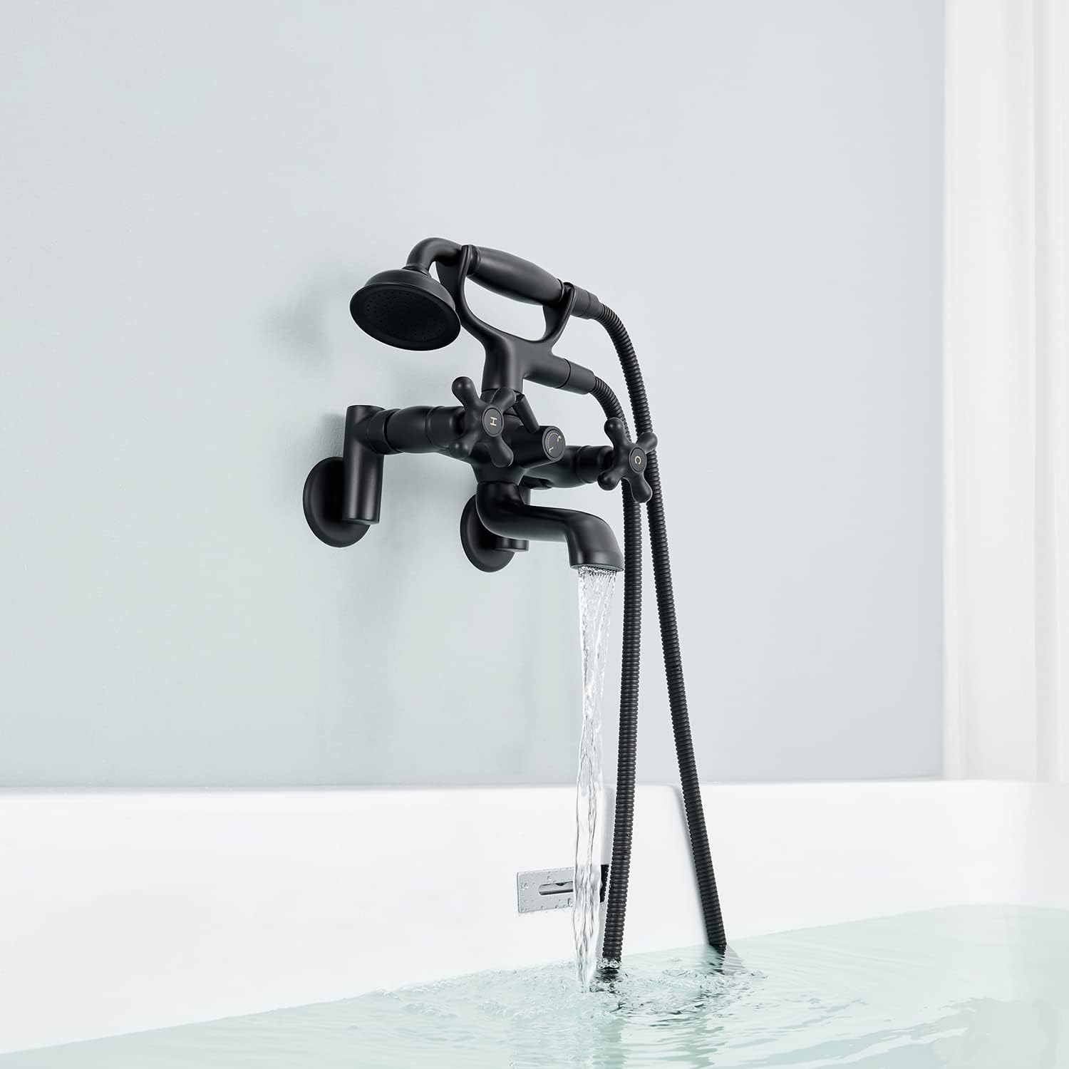 Clawfoot Tub Faucet Wall Mount Tub Filler Black Vintage Brass Bathtub Faucets with Telephone Shaped Hand Shower