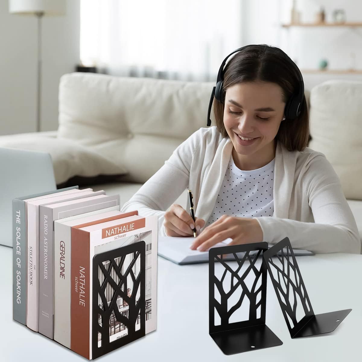 Fermalibri in Metallo per Scaffali, Bookends con Antiscivolo, Bianco
