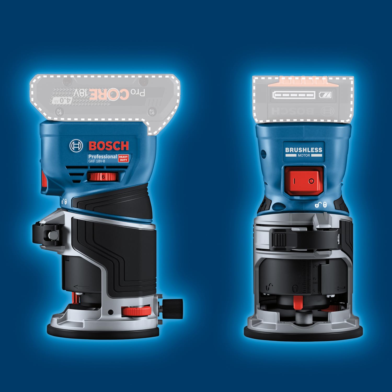 Bosch Professional 18V System Akku-Kantenfräse GKF 18V-8 (Parallelanschl., 2x Saugadapter Fr., Spanschutz, 8mm-Spannz., Spannschl., TE-Taucheinheit, 2x Saugadapter Taucheinh., L-BOXX o. Akku/Ladeger.)