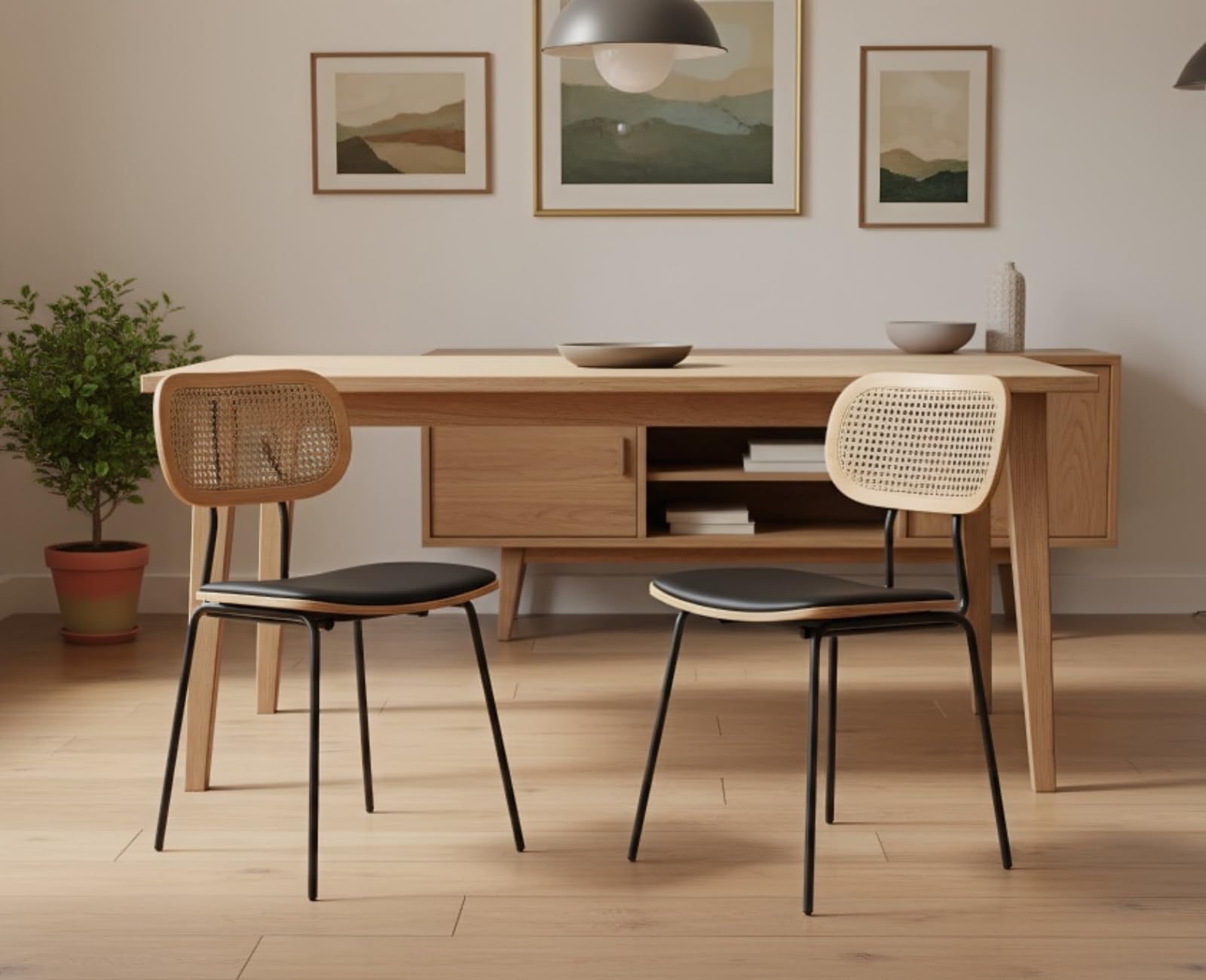 Ya-Home Rattan Esszimmerstühle 2er Set Rattanstuhl mit Metallbeinen Küchenstuhl aus Kunstleder Polsterstuhl für Esszimmer, Schwarz